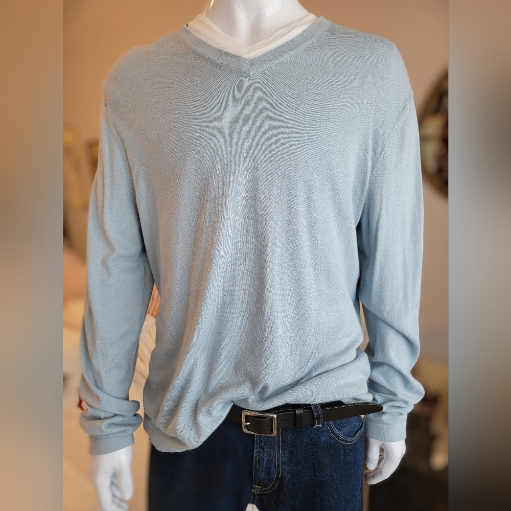Banana Republic Large Silk, Cotton, Cashmere Davenport Blue Men's V-neck Sweater